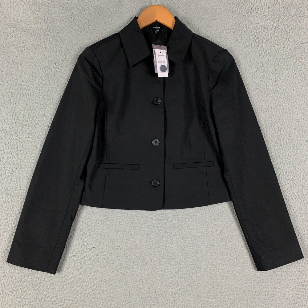 Express Cropped Blazer Women XS Black Cotton Blend Three Button Pointed Collar